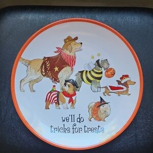 Pier 1 Halloween Dog Trick-or-Treat Plate - Orange and White